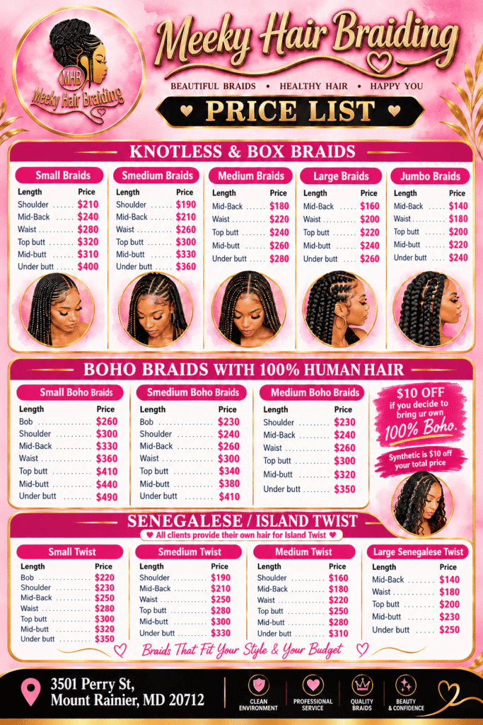 Meeky Hair Braiding Price List