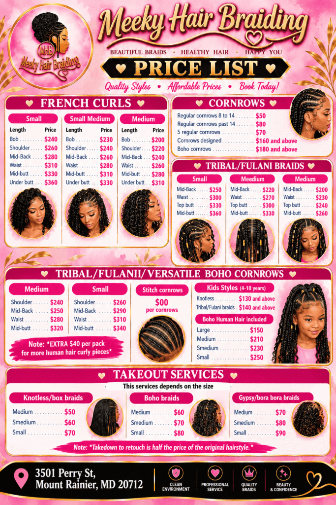 Meeky Hair Braiding Price List